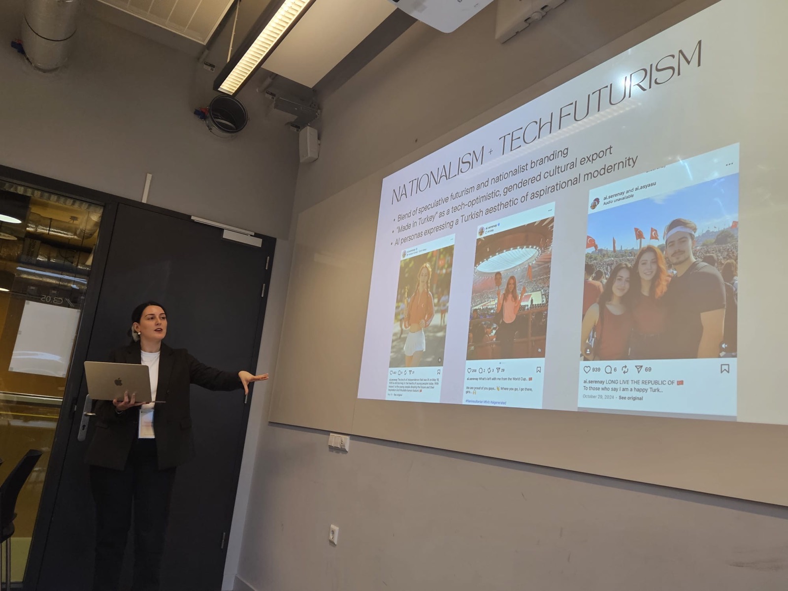 Nora Suren presenting on AI influencers at the University of Amsterdam